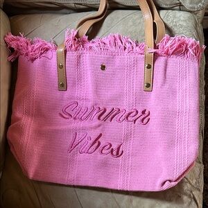 Pink Fringe Tote Bag with Tan Shoulder Straps